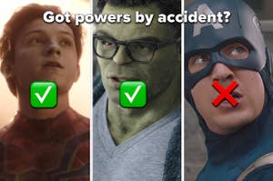 Spider-Man, Hulk, and Captain America, with the question "who got powers by accident?"