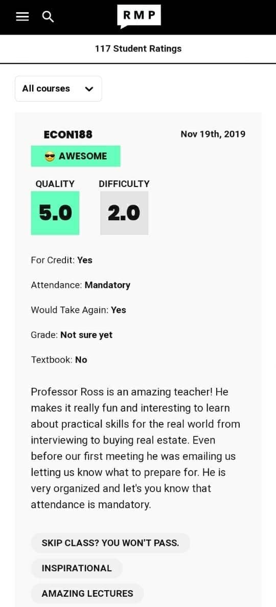 A review for a professor on Rate My Professor