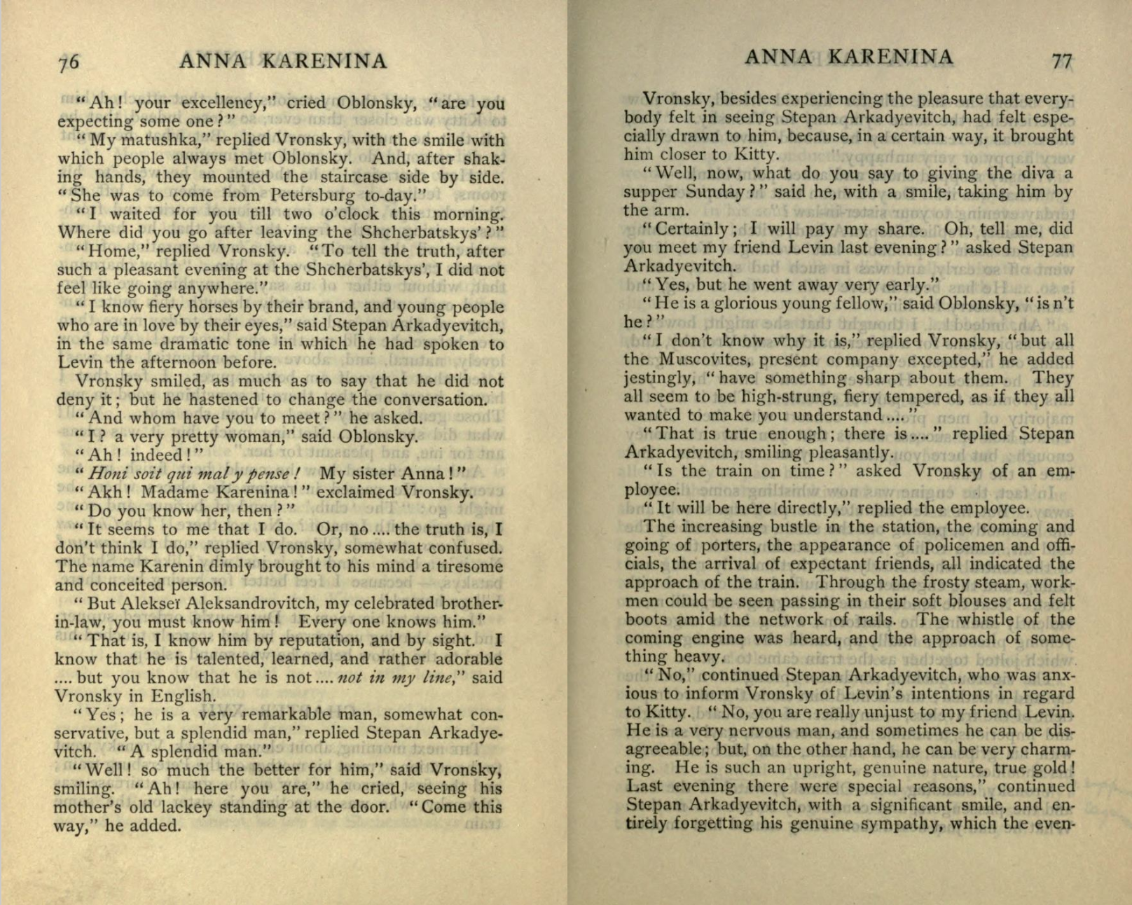 A scanned image of two open pages of Leo Tolstoy&#x27;s Anna Karenina from Internet Archive