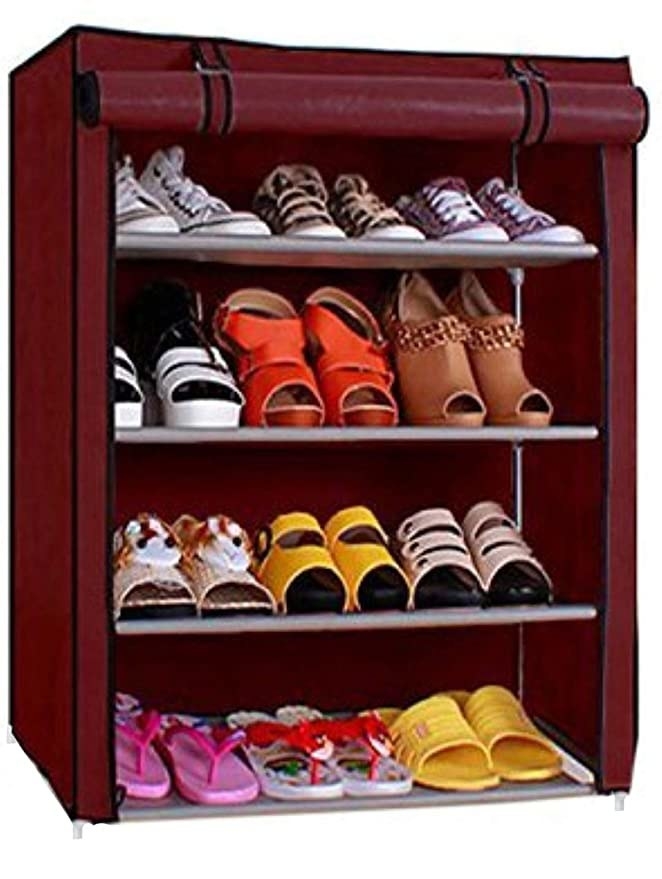 Maroon coloured four-layer shoe rack.