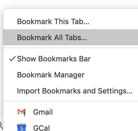 A screenshot of the drop down menu showing the &quot;Bookmark All Tabs...&quot; option