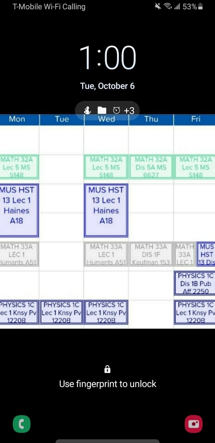 A screenshot of a phone lock screen with a weekly class schedule set as the background