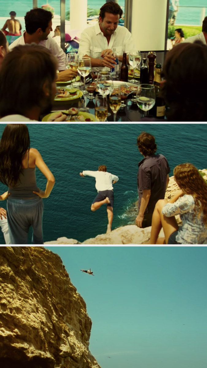 Bradley Cooper in a breezy shirt and shorts, eating at a busy table and then jumping off a cliff