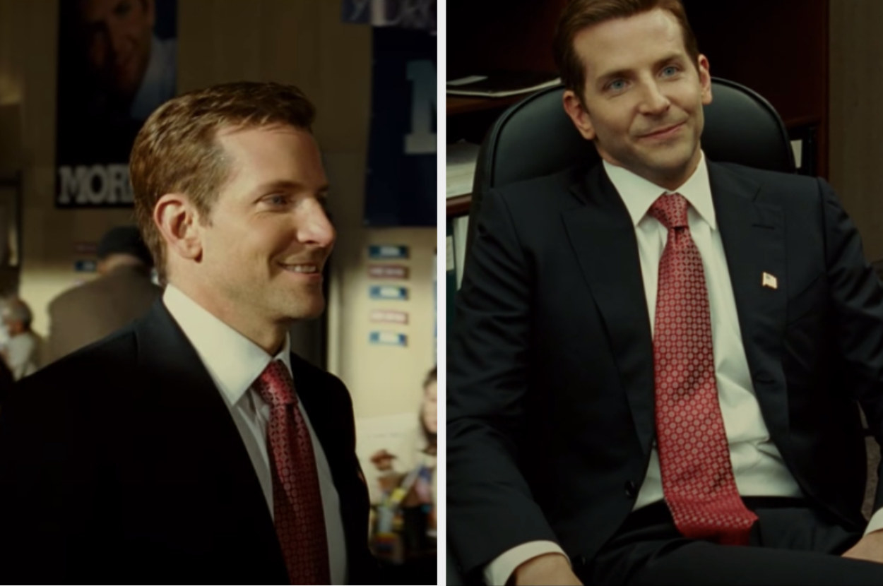 Bradley Cooper, with short hair, in a nondescript suit