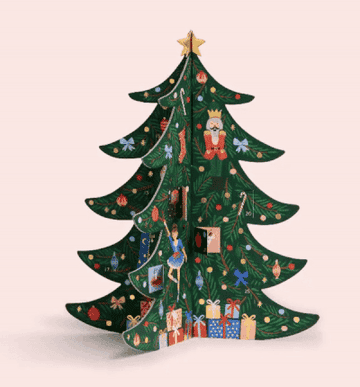 a gif of a 3d christmas tree with flaps that reveal tiny photos