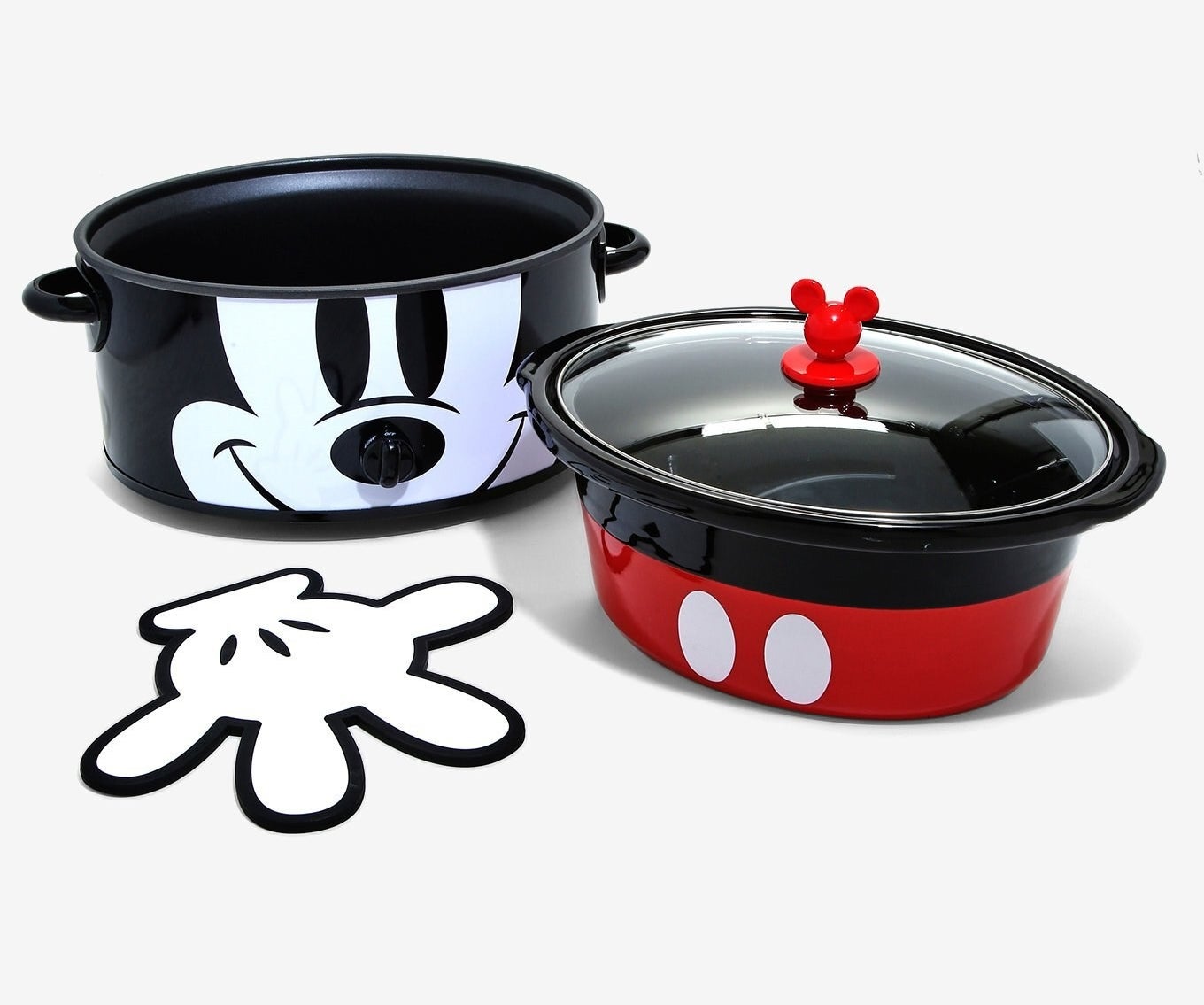 Mickey face crock pot with red pants bowl and white glove heat pad 