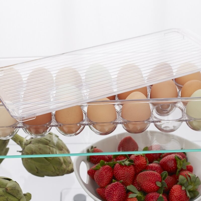 A clear container for eggs in a really tidy fridge