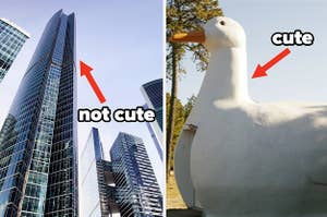 An ugly skyscraper and a cute duck-shaped building