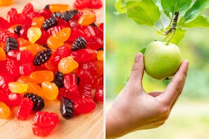 On the left, a pile of fruit snacks, and on the right, someone grabs a granny smith apple from a branch
