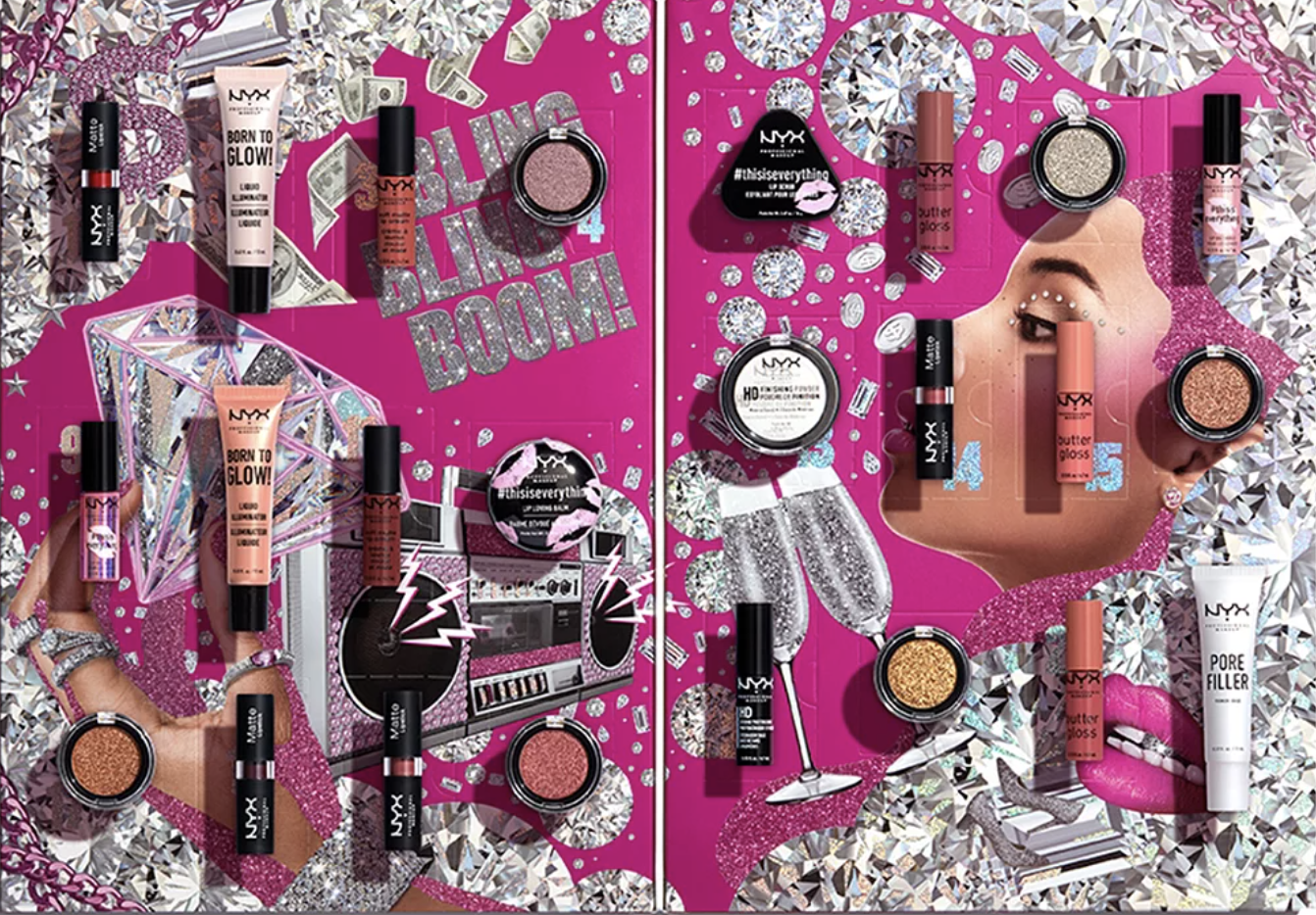 a pink cardboard advent calendar covered in glittery diamond designs and the 24 mini beauty products spread across it