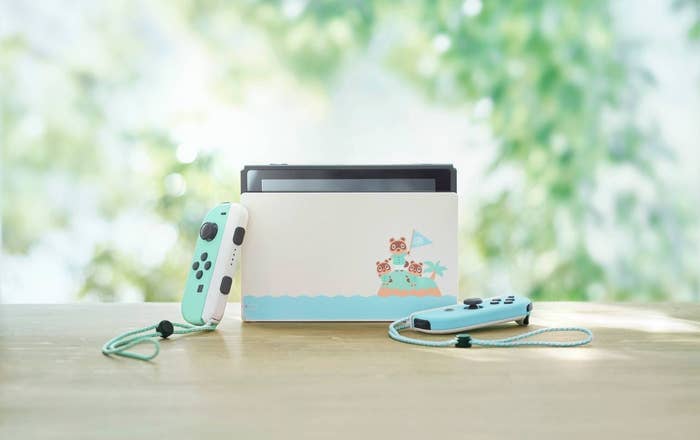 The Nintendo Switch featuring the two Animal Crossings New Horizons controllers and dock