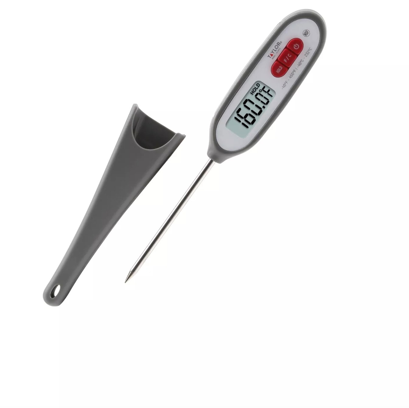The digital kitchen thermometer in gray with its protective cover