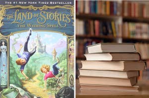 "The Land of Stories: The Wishing Spell" book cover and a pile of books in a library