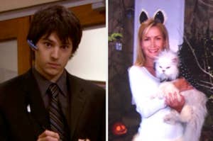 Jan's assitant hunter on the left, and angela dressed as a cat holding her cat sprinkles on the right