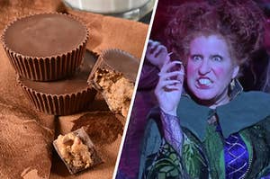 On the right, a stack of peanut butter cups, and on the right, Bette Midler as Winnie in "Hocus Pocus"
