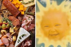 On the left, various meats and cheeses on a platter, and on the right, the Sun Baby from "Teletubbies" smiles