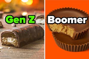 A Twix bar is on the left labeled "Gen Z" with a Reese's Peanut Butter Cup on the right labeled "Boomer"