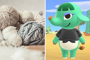 An image of various different yarns next to an image of Opal from Animal Crossing