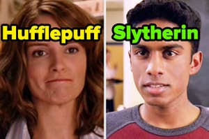 Ms. Norbury is on the left labeled, "Hufflepuff" with Kevin Gnapoor on the right labeled, "Slytherin"