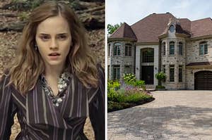 On the left, Hermione Granger, and on the right, a stately brick mansion