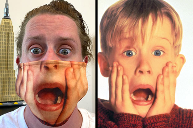 Macaulay Culkin wearing a face mask with the hands around the face from Home Alone