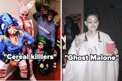 A group of friends dressed as "cereal killers" and someone dressed as "ghost malone"