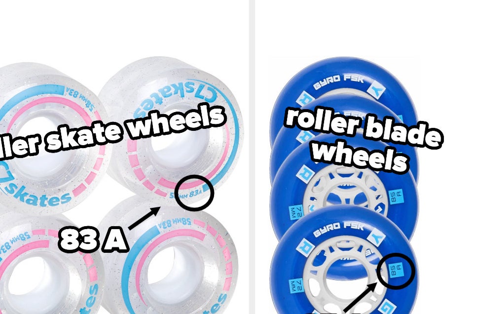 On the left, roller skate wheels with an 83A durometer rating, and, on the right, roller blade wheels with an 85A durometer rating