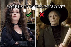 (left) Bellatrix Lestrange poses defiantly with a green checkmark overlaid; (right) Minerva McGonagall in witch's hat with a red x overlaid; above both reads "works for voldemort?"