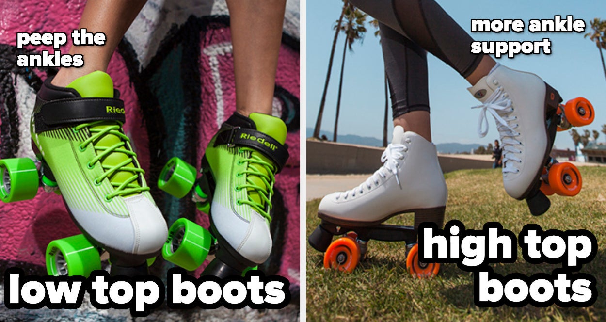A model wears low top roller skates and another model wears high top roller skates
