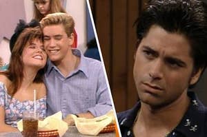 Zack and Kelly are cuddled on the left with Uncle Jesse on the right