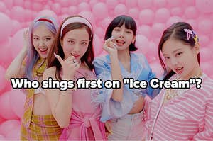 Blackpink poses in a room full of pink balloons in the music video for ice cream