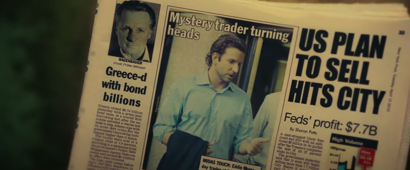 Bradley Cooper&#x27;s character, wearing a normal, button down, in a newspaper article with the headline, &quot;Mystery trader turning heads&quot;