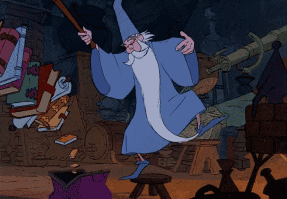 Dancing cartoon wizard magicking a bunch of books into their suitcase