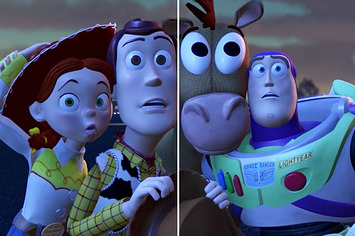 Jessie, Woody, Bullseye, and Buzz with shocked expressions on their faces