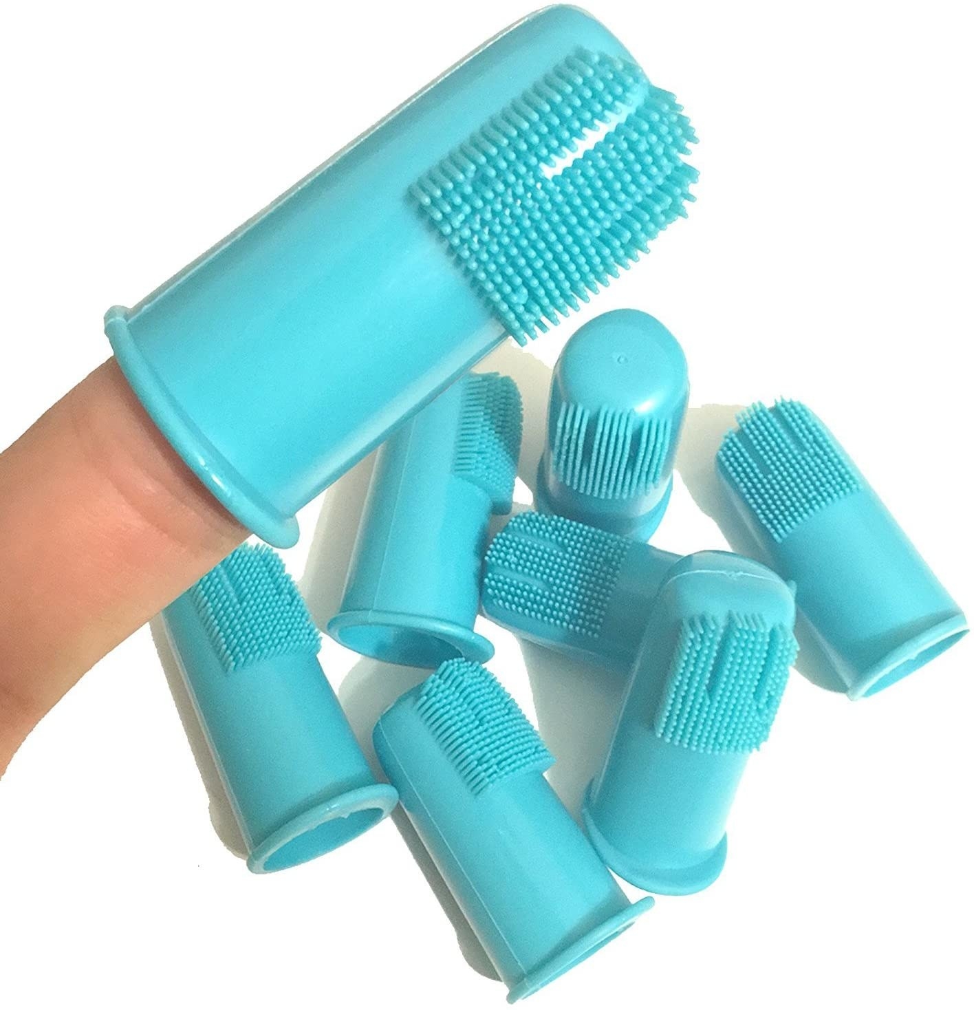 8 blue silicone toothbrush finger caps. 