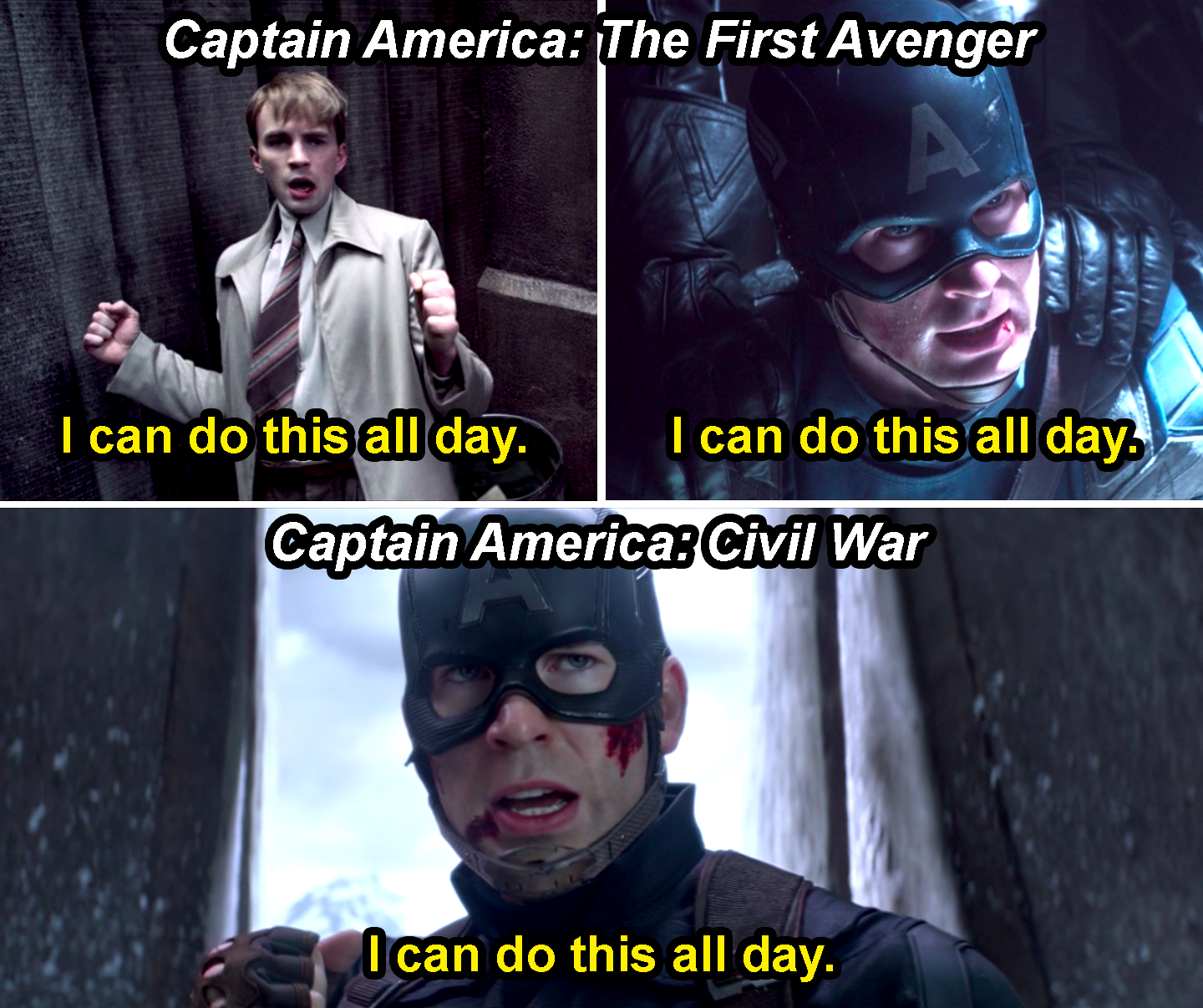 Steve Rogers saying, &quot;I can do this all day,&quot; twice in First Avenger and then once in Civil War