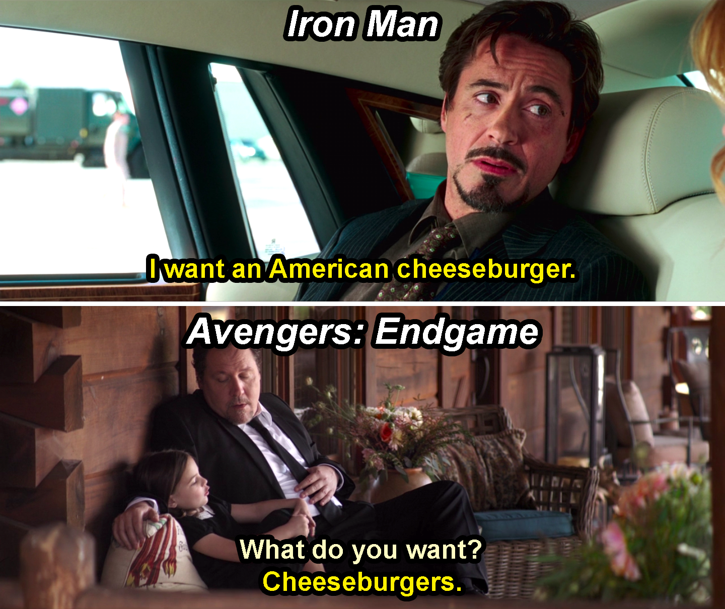 Tony Stark saying, &quot;I want an American cheeseburger,&quot; in Iron Man and Morgan Stark responding to Happy Hogan asking her what she wants with &quot;Cheeseburgers,&quot; in Avengers: Endgame