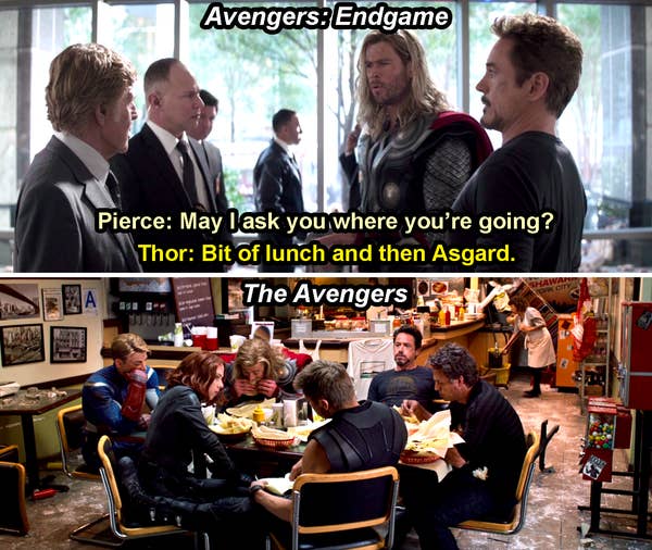 Past Thor saying he and Tony are going for a bit of lunch before he goes to Asgard in Endgame, and the Avengers eating shawarma in The Avengers