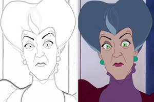 Side-by-side images of Lady Tremaine in black-and-white and a full color image of her