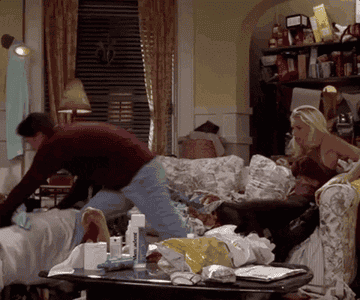 GIF of Ross from &quot;Friends&quot; trying to crush a bug in a dirty house.