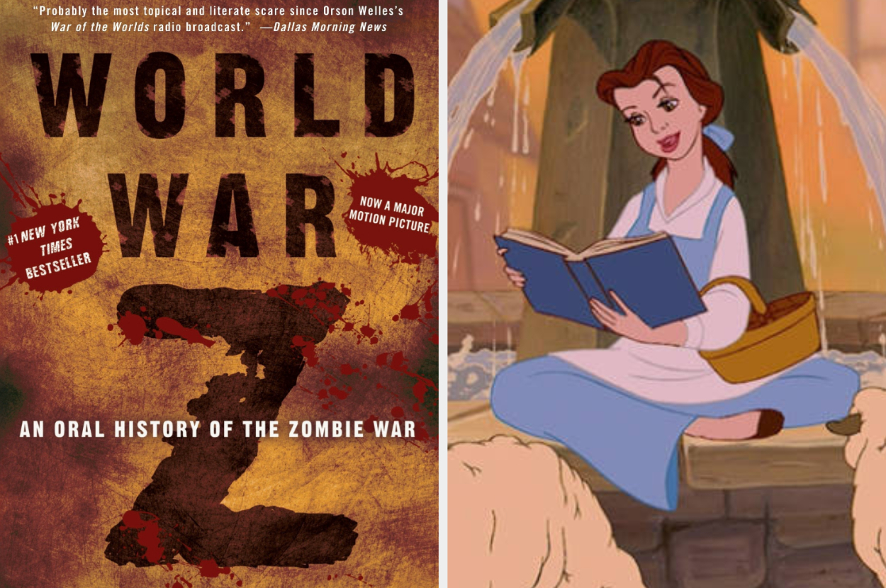 The cover of Max Brooks' "World War Z" side-by-side with Belle from "Beauty and the Beast" reading