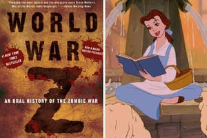 The cover of Max Brooks' "World War Z" side-by-side with Belle from "Beauty and the Beast" reading
