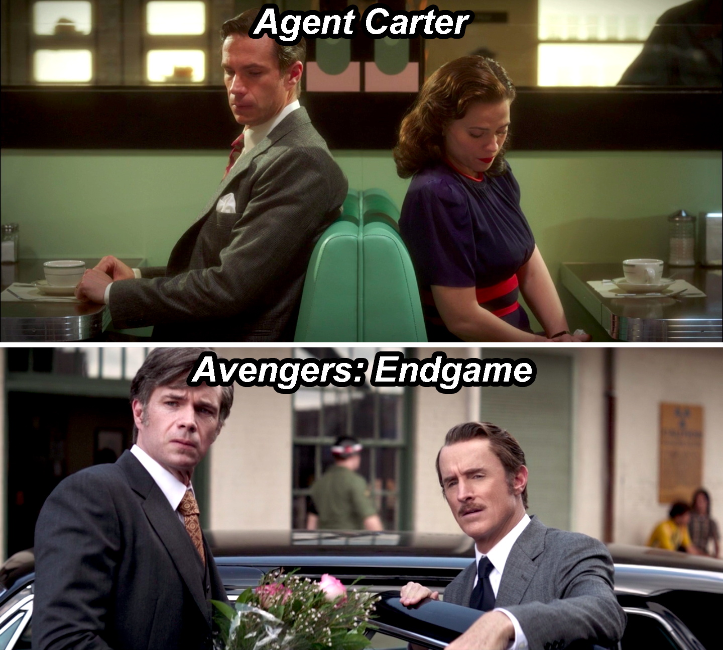 Jarvis and Peggy Carter in a diner in Agent Carter, and Jarvis opening a car door for Howard Stark in Endgame