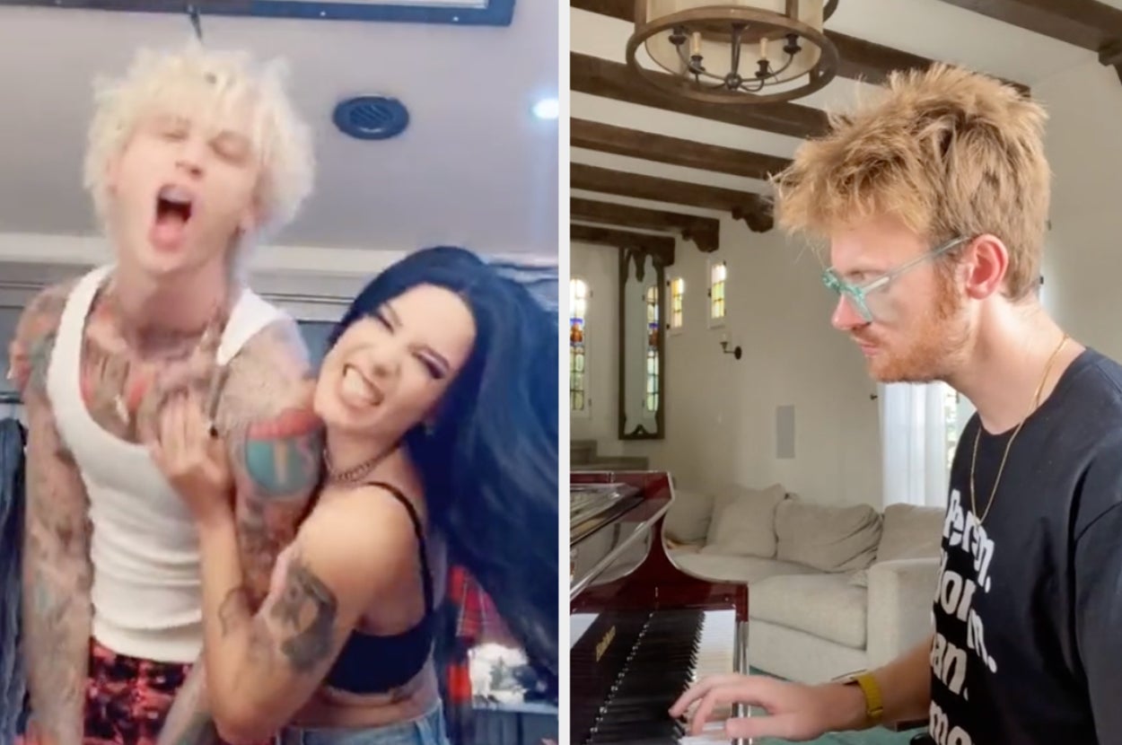 Halsey and Machine Gun Kelly dancing and Finneas O'Connell playing the piano