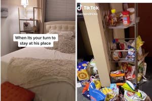 Side by side image of a clean room and a messy kitchen.