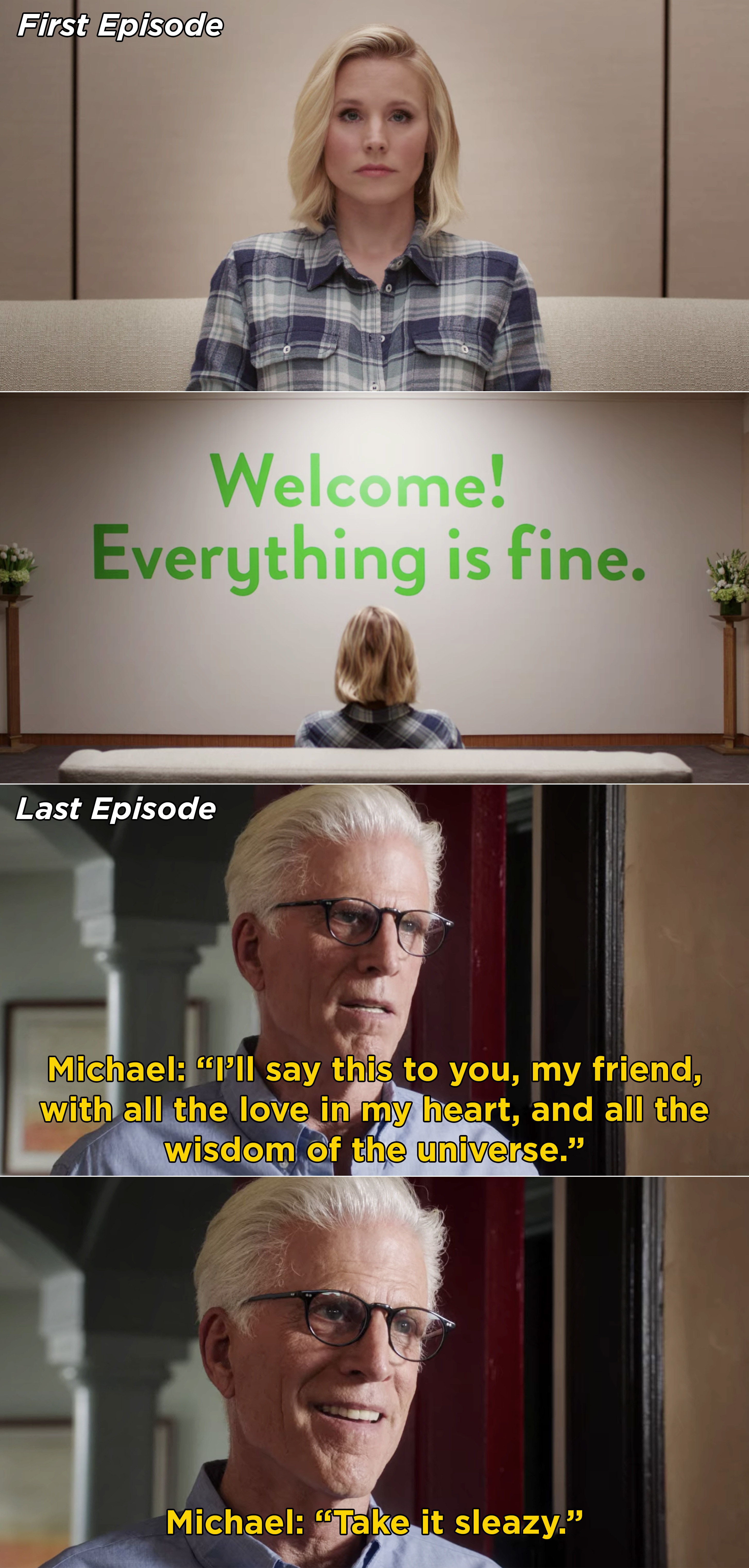 Eleanor looking at the &quot;Welcome! Everything is fine&quot; sign and Michael saying &quot;Take it sleazy&quot; in the series finale