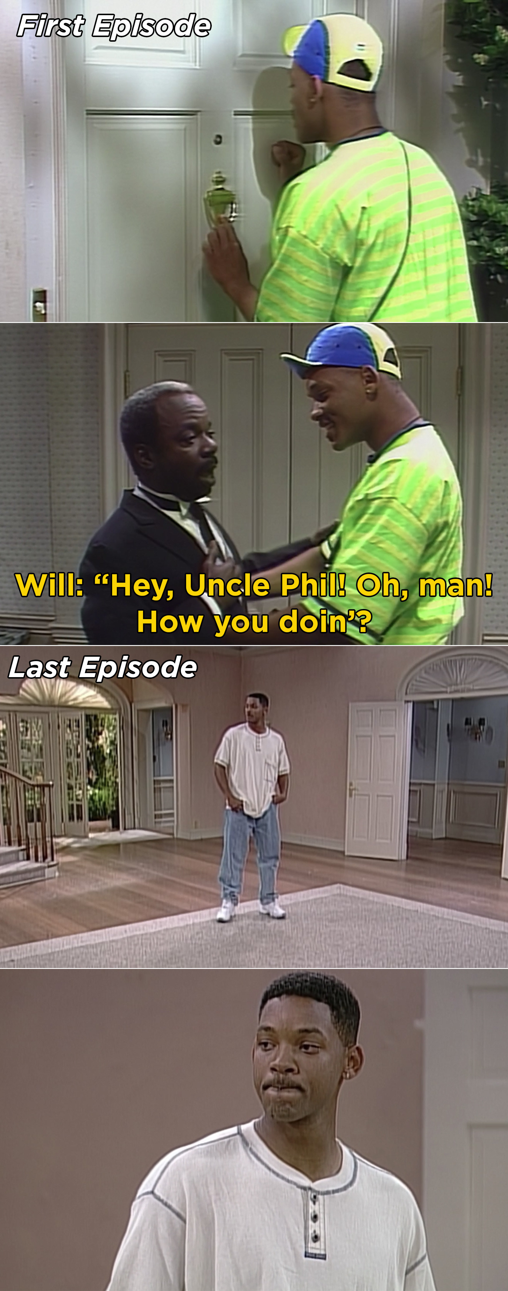 Will arriving in Bel-Air and mistaking Geoffrey for Uncle Phil, and then Will saying goodbye to the house in the series finale