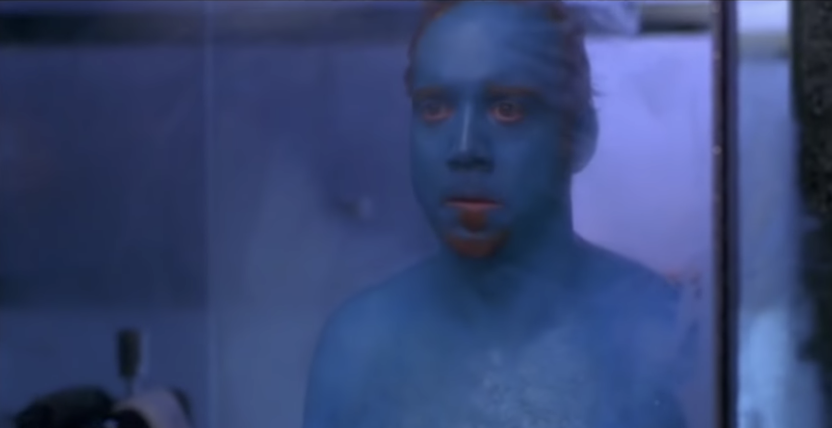 Paul Giamatti stands in the bathroom and looks at himself in the mirror and sees his skin has been dyed blue as Marty in &quot;Big Fat Liar&quot;
