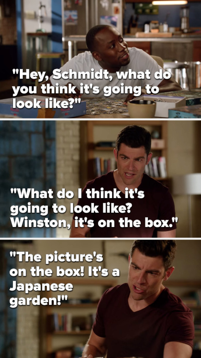 Winston, while doing a puzzle, asks, Hey, Schmidt, what do you think it&#x27;s going to look like, to which Schmidt says, What do I think it&#x27;s going to look like, Winston, it&#x27;s on the box, the picture&#x27;s on the box, it&#x27;s a Japanese garden