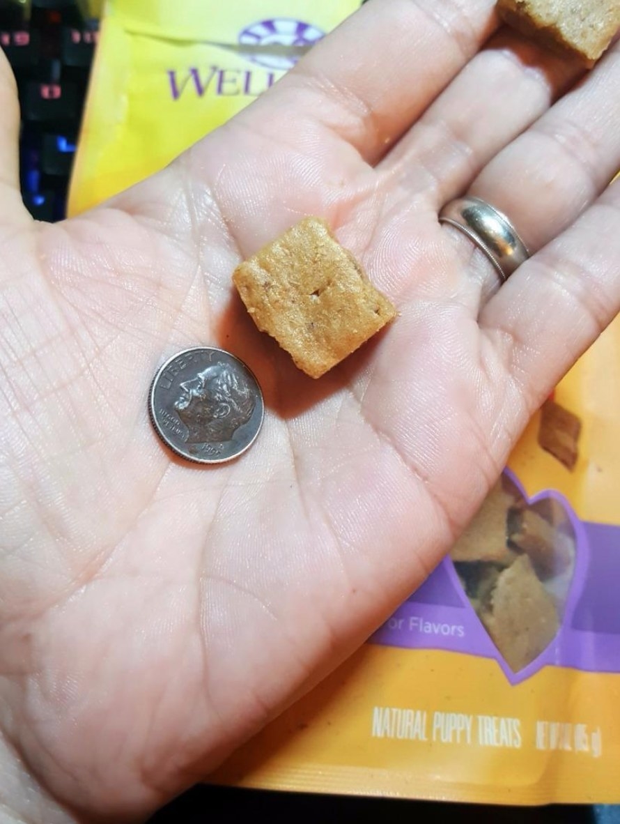 The reviewer&#x27;s photo of one of the treats compared to a coin